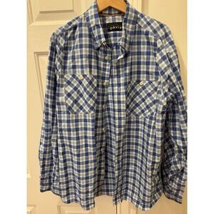 Orvis Men's Plaid Button Down Shirt Blue White Outdoor Hiking Fishing Size L